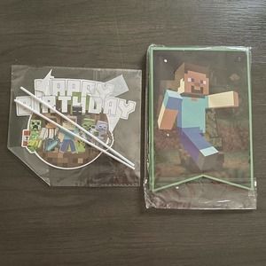 Minecraft Banner Cake Topper Happy Birthday Party Supplies Decorations Videogame